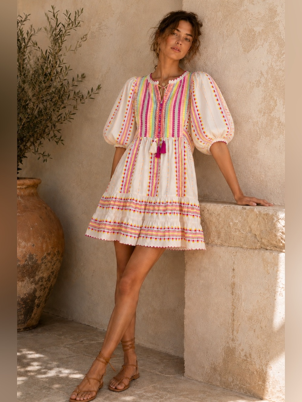 Saylor XS Neon Embroidered Boho Mini Dress Puff Sleeve Tiered India